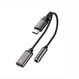 Type-C to 3.5mm Headphone Jack Adapter + Charging, Dual Port Converter for Earphones, Convenient Audio Splitter Type C Wired Audio Charging Cable