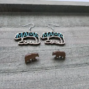 Cute Trendy Mama Bear Earring Set, Dangles For Mom, Studs For Daughter, Gift For Mom And Daughter, Nickel-Free Hypoallergenic Hooks, Western Style Jewelry, Laser Cut And Handpainted Earrings, Birthday Gift, Gift For Mom, Earring Gift, Earrings For Women