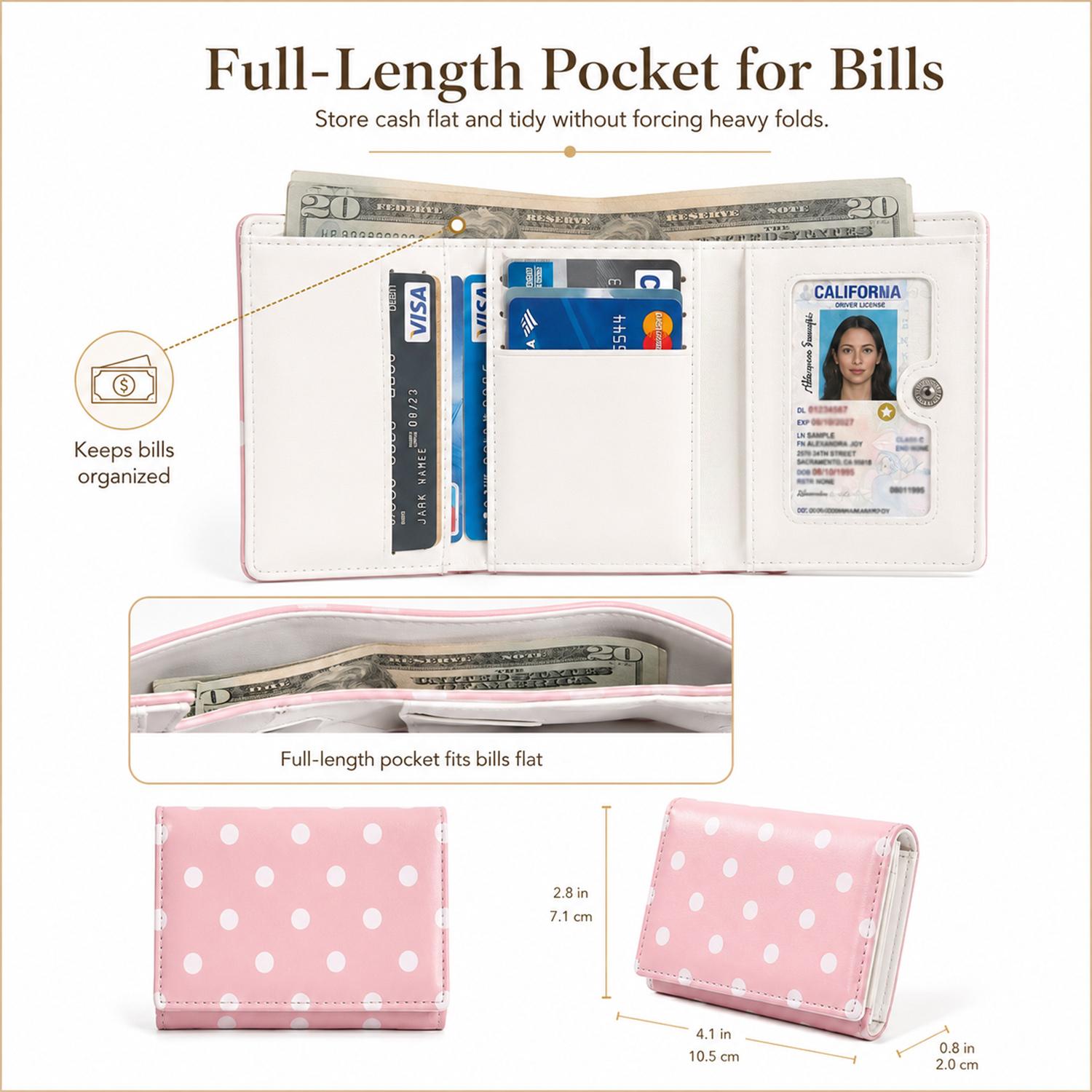 Cute Polka Dot Mini Wallet for Women, Slim Trifold Card Holder, Small Lightweight Purse for Cards, Cash, Travel & Daily Use