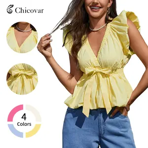 Chicovar Women’s Peplum Top, Deep V Neck, Puff Sleeve, Stretch Wasit, Trim Bow Front, Bubble Hem, Perfect for Concert, Datenight, Summervibes