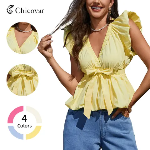 Chicovar On Sale! Women’s Peplum Top, Deep V Neck, Puff Sleeve, Stretch Wasit, Trim Bow Front, Bubble Hem, Perfect for Concert, Datenight, Summervibes
