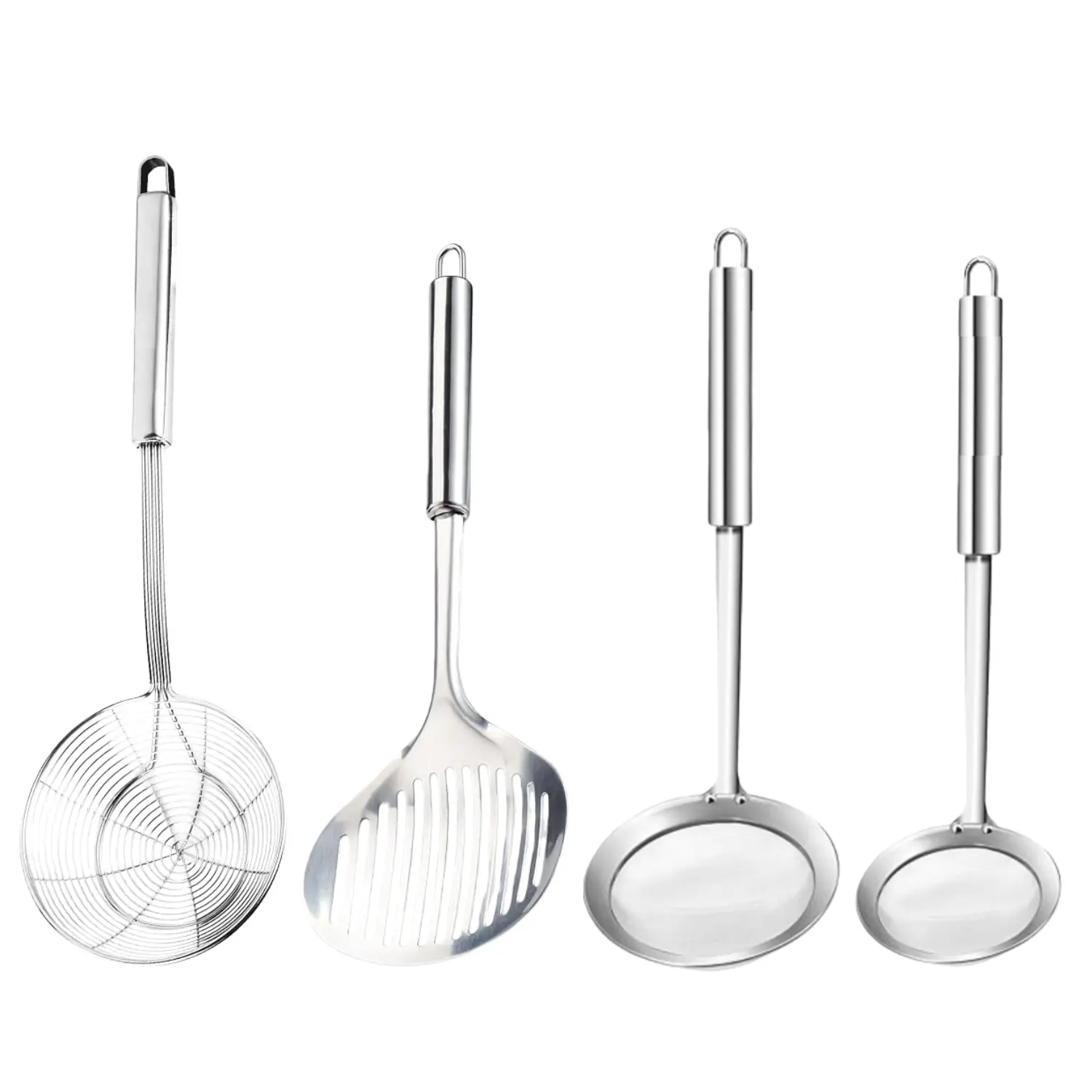 Food-Grade SS 18/8 Stainless Steel 4-Pack Kitchen Cooking Utensil Set - Slotted Fish Turner, Spatula, Scoop, Colander Spoon, Ladle, Spider Strainer with Ergonomic Handle, Hanging Holes, Easy to Use, Dishwasher Safe for Oil Draining, Frying