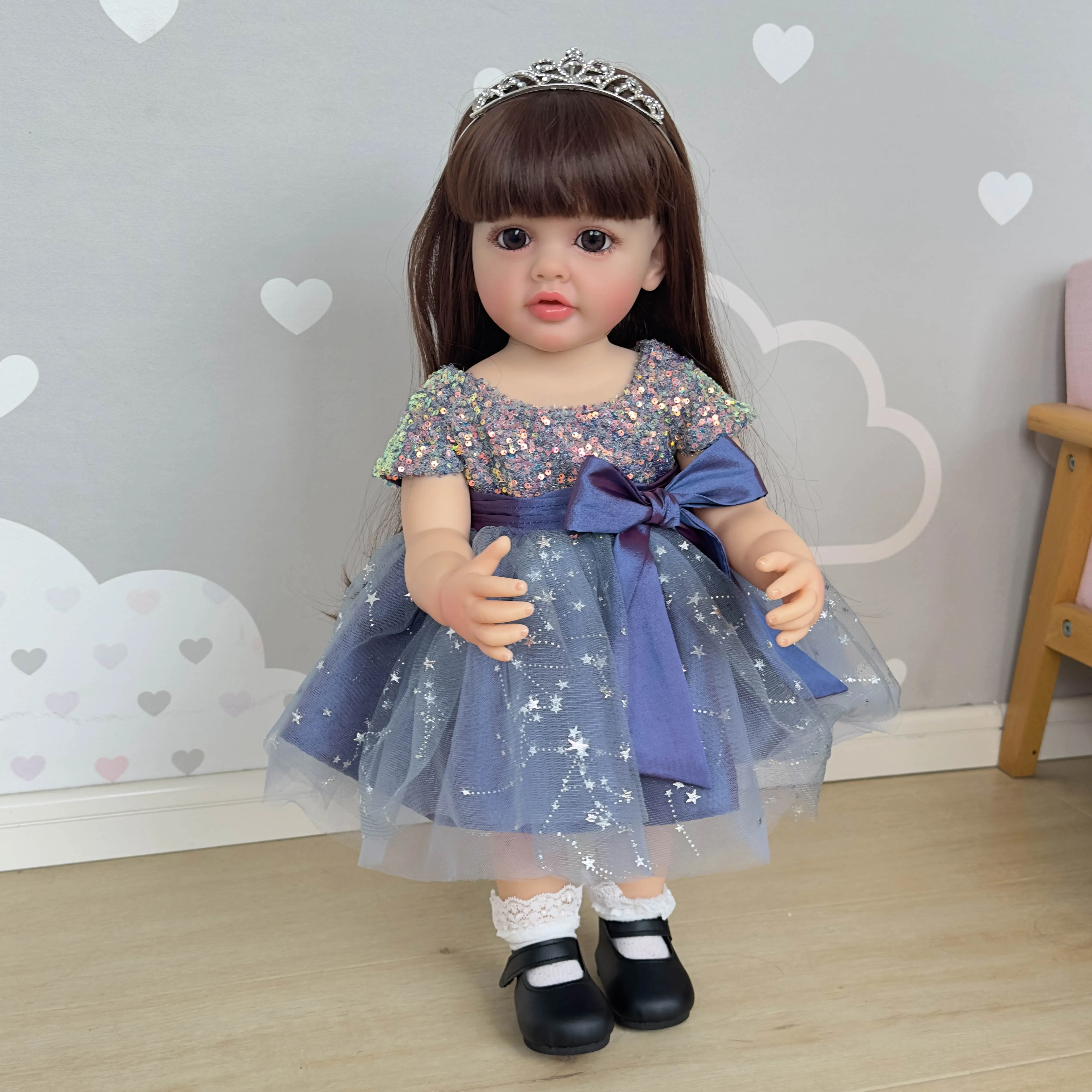 22-Inch Realistic Soft Reborn Baby Doll, Unisex Collectible with Long Realistic Hair, Princess Gauze Dress, Ideal for Wall Display & Water Play, Perfect for Doll Enthusiasts, None