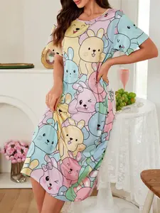 Women's Cute Cartoon Print Sleepwear, Casual Comfortable Loose Fit Home Dress, Soft and Cozy Nightgown for Daily Wear, Nighty Dress