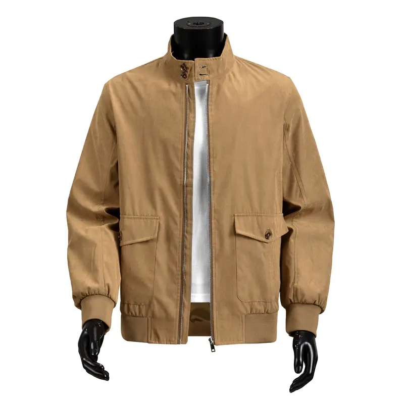 Men's khaki stand-collar Harrington jacket with zip closure and flap pockets, retro casual outerwear coat