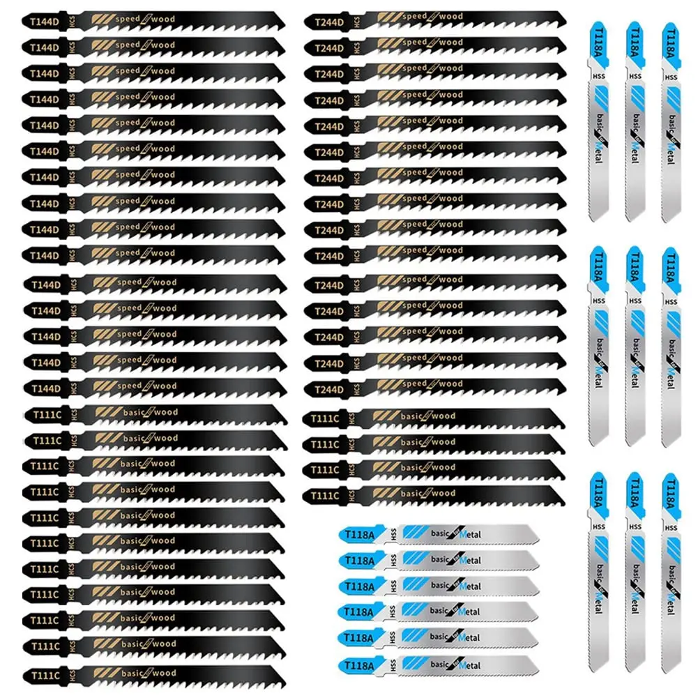 60-Count T-Shank Jigsaw Saw Blades Set - Contractor-Grade Assorted Types with High Quality Steel, T-Shank Grip, Jigsaw Compatible HCS/HSS for Plastic, PVC (T144D, T244D, T111C, T118A; 15 Each)