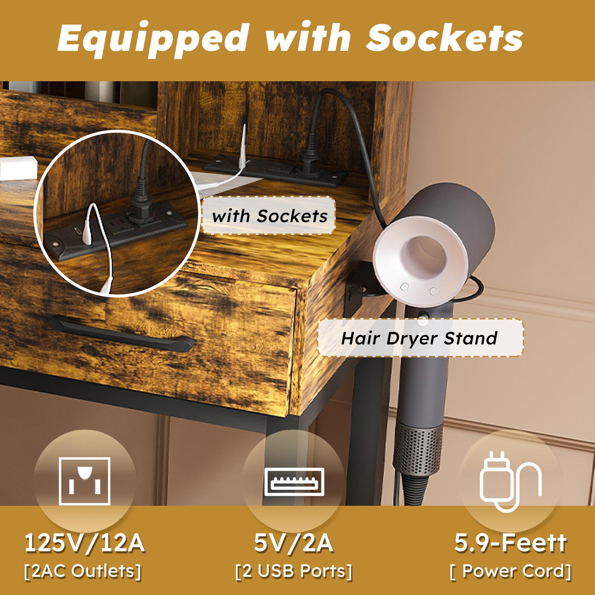 Small Makeup Vanity Desk with Large Mirror and Lights, Vanity Table with 2 Storage Drawer & Open Shelves, 3 Lighting Colors,LED Mirror Adjustable Brightness Brown Makeup Vanity Small Makeup Vanity Desk with Large Mirror and Lights, Vanity Table with 2 Storage Drawer & Open Shelves, 3 Lighting Colors,LED Mirror Adjustable Brightness Brown Makeup Vanity