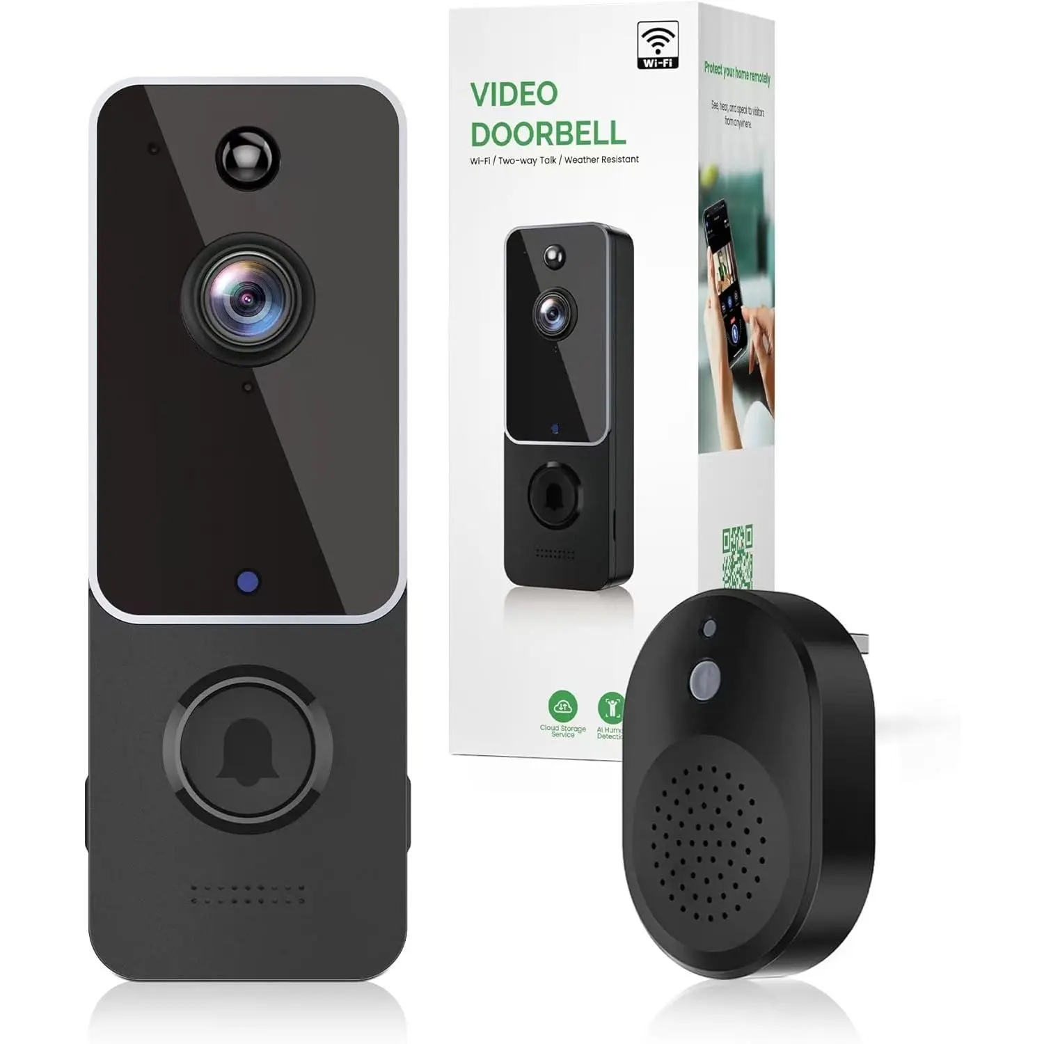 Wireless Smart Video Doorbell Camera with Chime - Wall Mount, 1080p HD Live View, AI Human Detection, Motion Sensor, 2-Way Audio, 2.4G Wi-Fi Only, Night Vision, Cloud Storage, Battery Powered, IP65 Rated Water Resistant Outdoor Security Solution, Home Sec