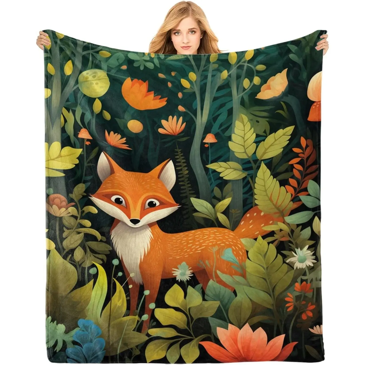 Fox Flannel Jungle Print Throw Blanket - 152Cm×127Cm（50X60in）),122Cm×81Cm（32X48in）),340GSM - Durable Flat Weave, Breathable Cooling, Machine Washable Modern Home Decor - Christmas, Thanksgiving, Wedding Gifts for Family, Grandparents