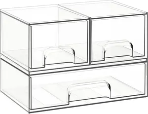 3 Pack Stackable Clear Acrylic Makeup & Bathroom Organizer Drawers, Versatile Storage Bins for Vanity, Under Sink, Kitchen Cabinets & Pantry