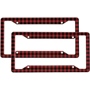 2 Sets Red Black Buffalo Plaid Bear Premium License Plate Holder - Car Truck SUV Front and Rear Bracket for Enhanced Night Vision 4 Holes ﻿