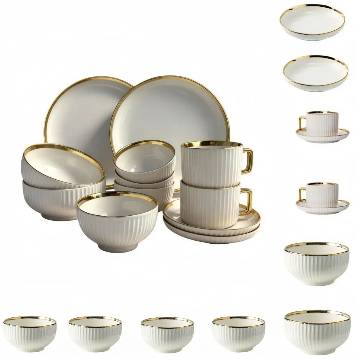 12pcs/set Gold Rimmed Dinnerware, Includes Dessert Plates, Bowls, Coffee Cups, Safe for Microwave and Dishwasher, Home Wedding Hotel Use, Porcelain Dishes Set, Dishware Set, Tableware Set, Dinner Sets