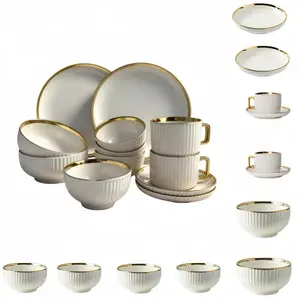12pcs Gold Rimmed Dinnerware Set, Includes Dessert Plates, Bowls, Coffee Cups, Safe for Microwave and Dishwasher, Home Wedding Hotel Use, Porcelain Dishes Set