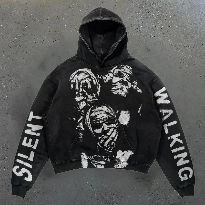 Silent walking printed hoodie, Vintage Washed Hoodie for Unisex, Stylish Streetwear Sweatshirt Hoodie, Hip Hop Pullover, Comfortable Cotton Hoodie for Him and Her