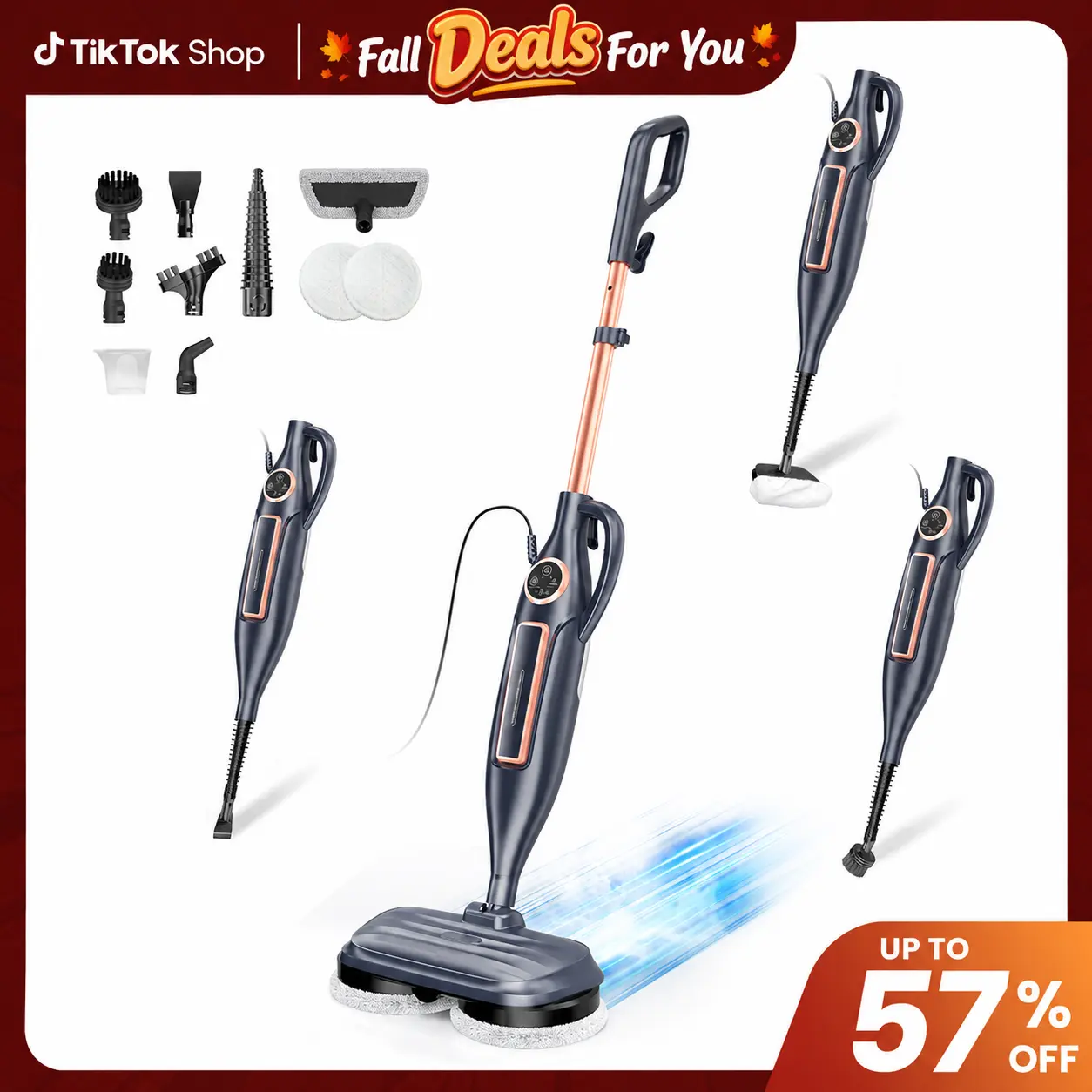 [DealsForYou] DEVOAC VM6 Electric Rotating Steam Cleaner - 10-in-1 Eco-Friendly Antibacterial Tool, 3 Steam Levels, 5m Cord, Fast Heat-Up, Microfiber Mop Heads, Cleaning Supplies for Laminate Floors, Wall & Cabinet Use