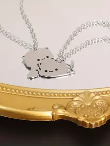 2pcs Cute Hugging Cat Stainless Steel Pendant Necklace, Fashion Splicing Ab Style Couple/friend/sister Gift, Holiday Present