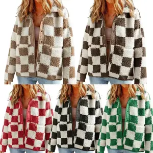 Jacket for Women Plaid Long Sleeve Lightweight Fleece Jacket Button Down Checkerboard Sherpa Coats Fall Outwear