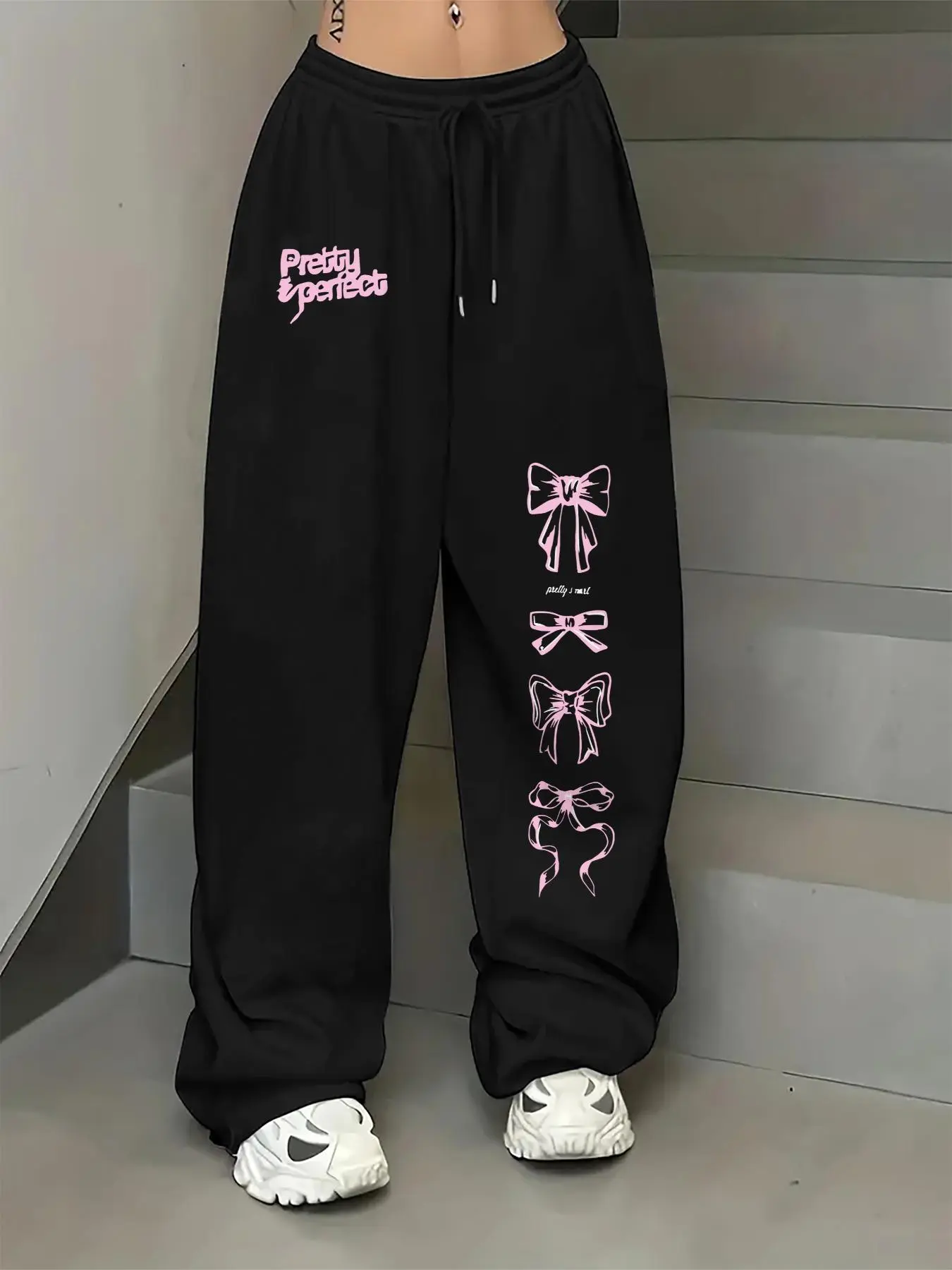 Women's Bow Print Drawstring Waist Sweatpants, Casual Comfy Jogger Pants for Daily Wear, Ladies Bottoms for Summer