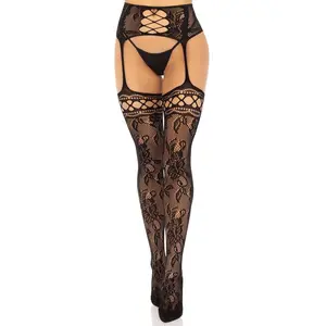 French Rose Garter Belt Stockings, Floral Lace Thigh High Stockings