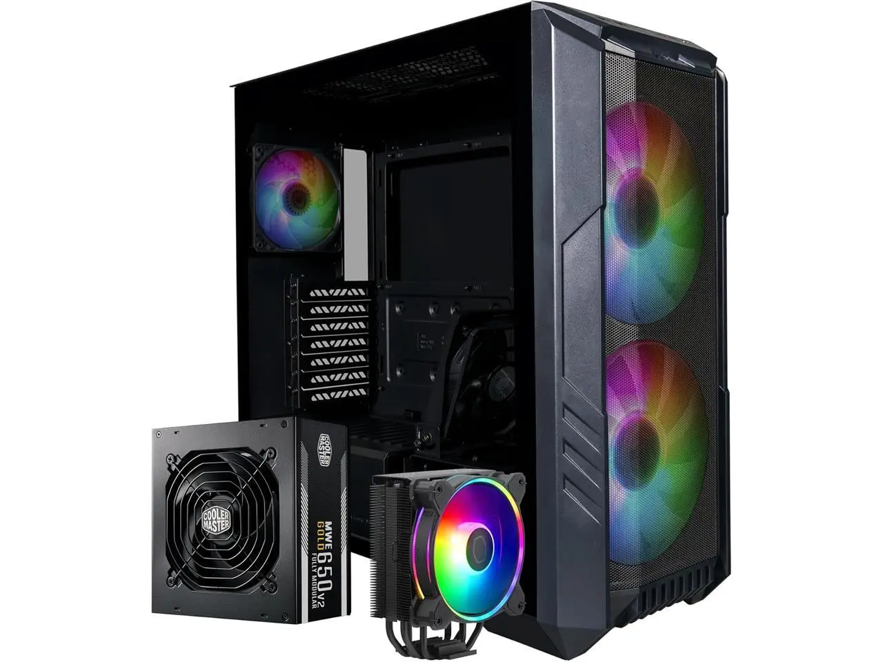 Cooler Master HAF 500 High-Airflow Mid-Tower ATX Gaming Case + Hyper 212 Halo CPU Cooler 140W TDP +  650W Gold PSU – 3x  ARGB Fans, 120mm GPU Fan, Mesh Front, Tempered Glass, Cable Management