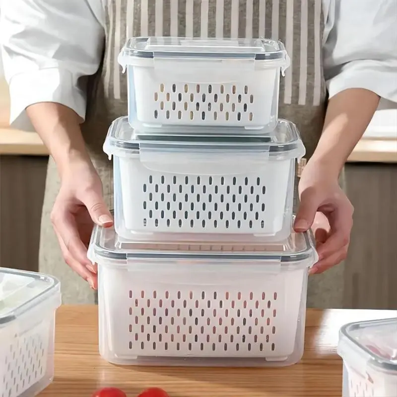 3-Count Double Layer Drainage Box, Fruit & Vegetable Storage Box, Kitchen Accessories Organizer, Strainer Basket, Vegetable Colander, Household Essentials, Kitchen Gadgets, Household Kitchen Supplies