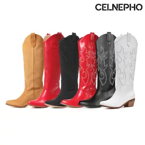 CELNEPHO Women Cowboy Boots Classic Embroidered Knee High Boot Pointed Toe Chunky Block Heel Easy Pull on Tabs Horse Riding Casual Wear Spring Dress Shoes