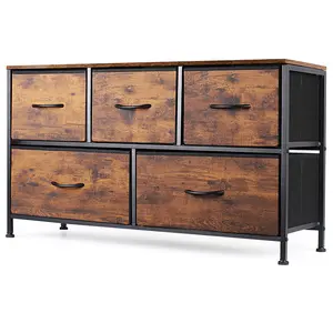 Rustic Brown 5-Drawer Fabric Dresser for Bedroom, Wide Storage Chest with Sturdy Steel Frame & Wood Grain Print – Ideal for Closet, Living Room, Hallway, Dorm or Office