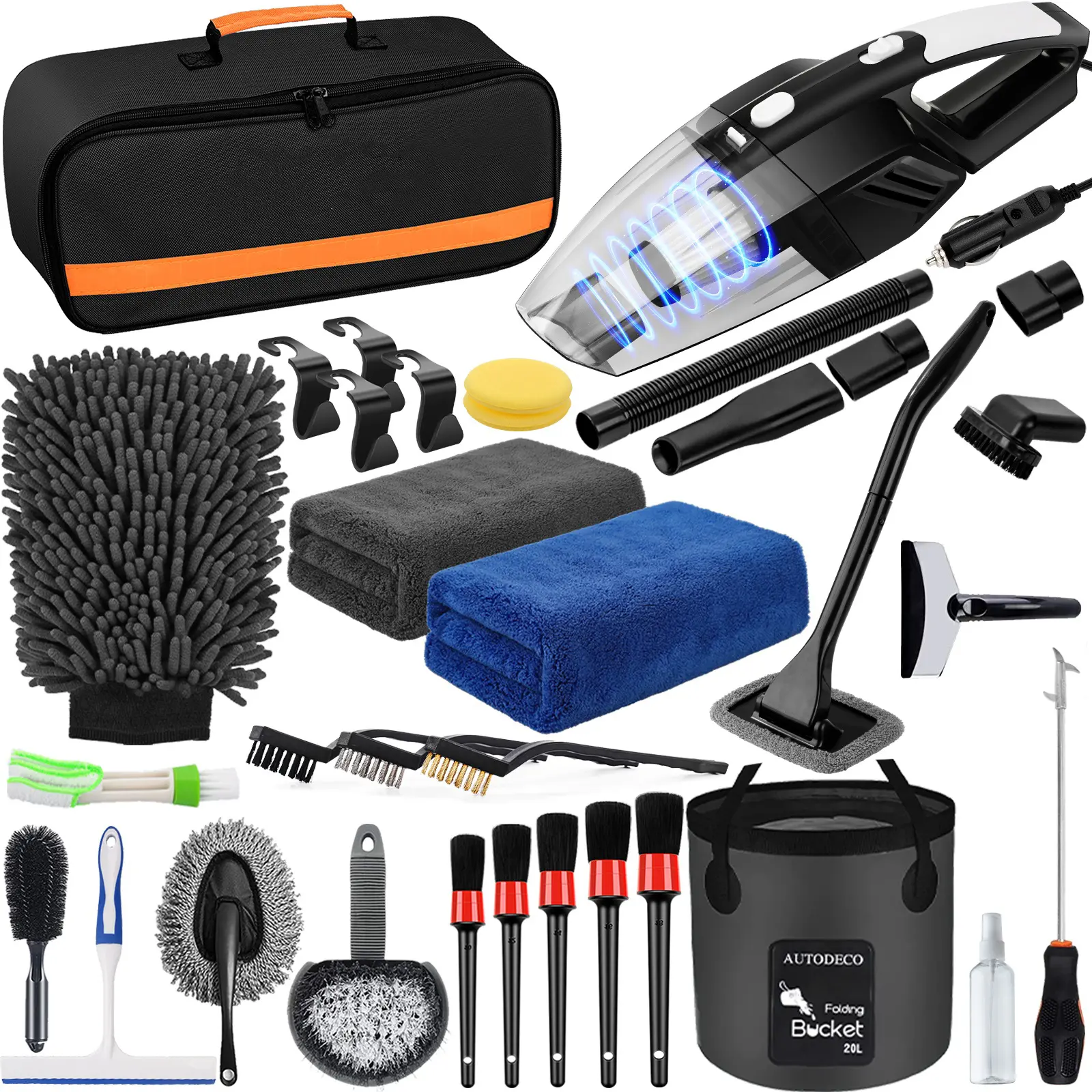 Detailing Set with High-Powered Handheld Car Vacuum, Foldable Bucket, Windshield Tools, Snow Shovel, Tire Brush & Full Car Care Tools, Ideal Holiday Gift for Families