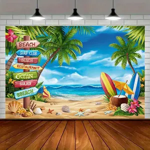 Modern Farmhouse 1pc Tropical Hawaiian Beach Party Backdrop Banner - Vibrant Amber Glow Polyester Decor with Palm Trees, Surfboards & Sandy Beach Scene - Perfect for Home, Room, Wall, and Party Photo Props - Ornaments