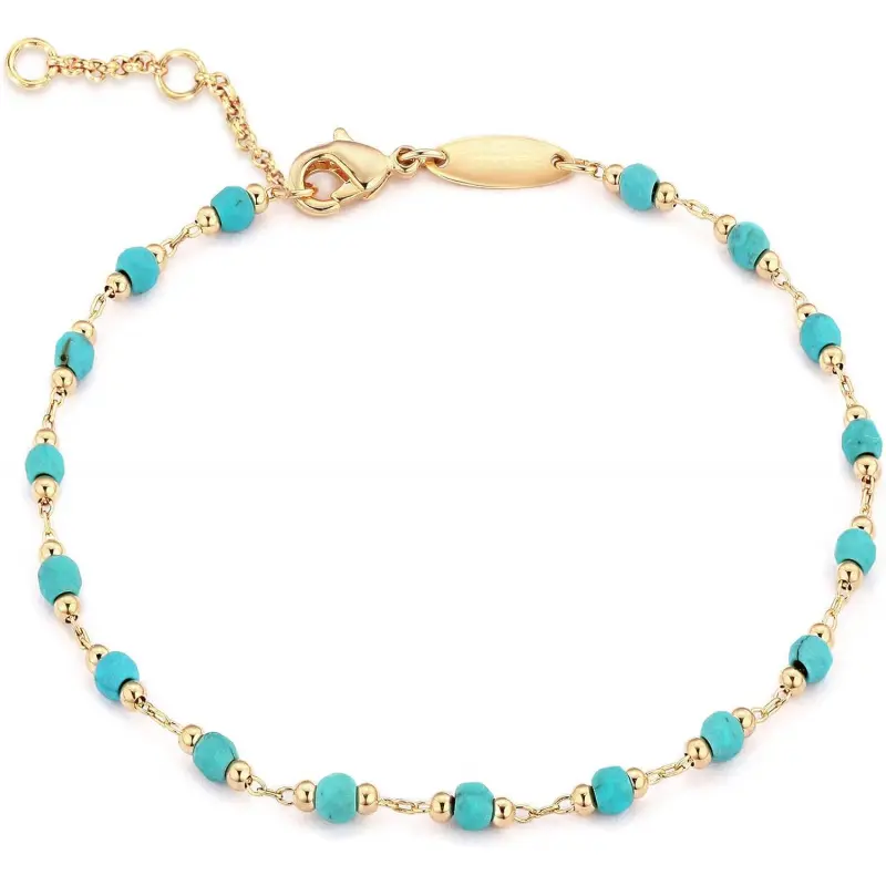 Gold Round Turquoise Beaded Bracelets 18K Gold Plated Handmade Cute Dainty Bracelet for Women 7" Long with 0.5" Extender Premium Quality Adjustable Chain