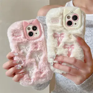 Cute Cat Ear Design Plush Phone Case Casing (1 Count), 3D Embroidery Bow Ribbon Phone Protective Cover with Protection, Smartphone Cellphone Accessories Protector Compatible with iPhone 16 15 14 13 12 11 Plus/Pro/Pro Max