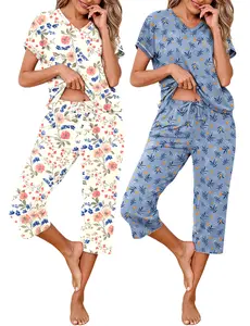 Marvmys Women's 2-Pack Floral Matching Lightweight Short-Sleeve Pajama Sets with Elastic Capri Pants, Pockets, S-3XL Sleepwear Loungewear