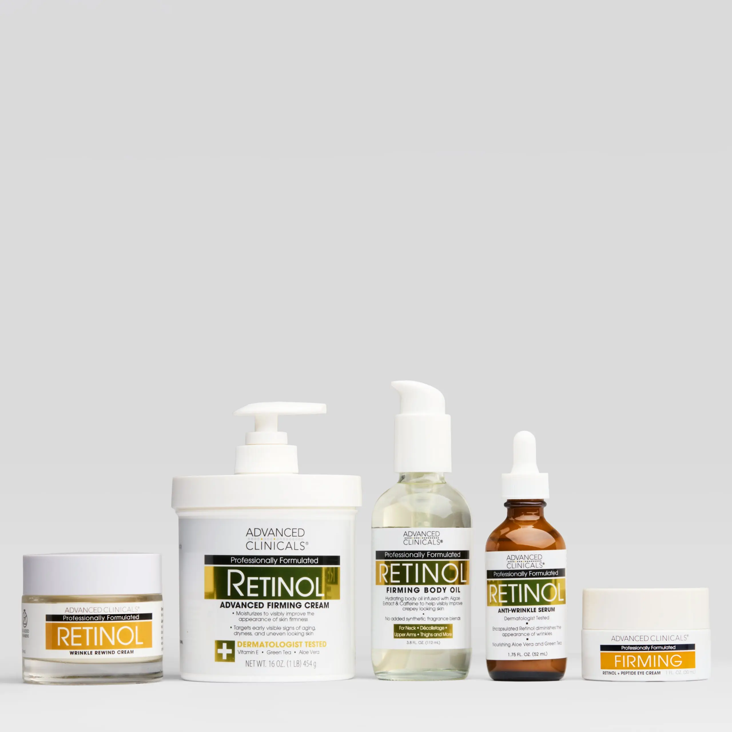 5-Step Retinol Firming Skincare Bundle - Face Serum, Facial Moisturizer, Eye Treatment, Body Oil, Body Lotion