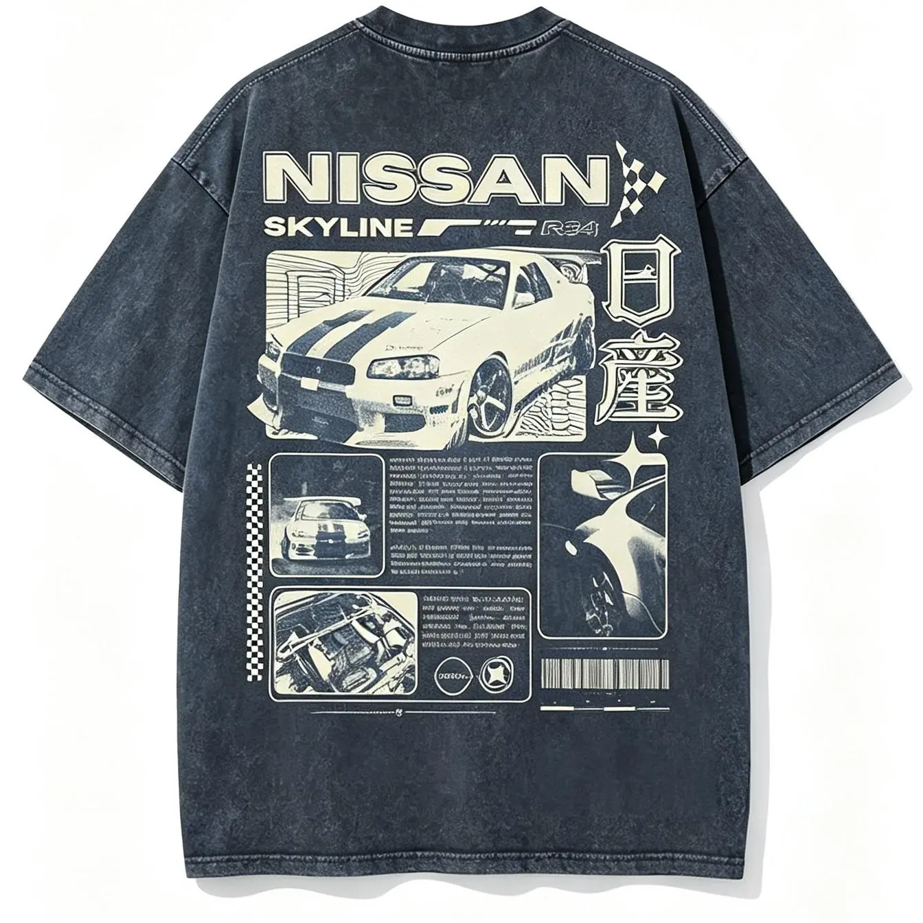 Men's Short-Sleeve Oversized Vintage Acid Wash T-Shirt, Double-Sided JDM Nissan Skyline R34 Car Graphic Streetwear Tee