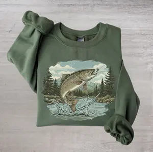 Retro Wilderness Fish 90s Sweatshirt, Vintage Nature Crewneck, Boho Unisex Fishing T-Shirt, Outdoor Hiking Fisherman Gift, Cozy Nature Lover Shirt