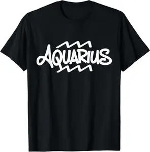 100% Cotton Graffiti Aquarius Text Astrological Symbol Zodiac Sign Water T-Shirt