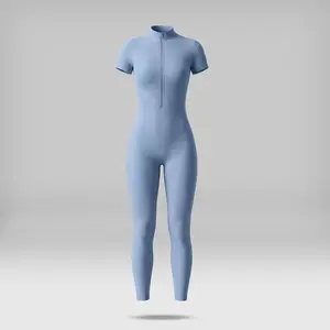 NVWA Women's Slim-Fit Short Sleeve Half-Zipper Stand Collar Highly Elastic Solid Color Jumpsuit - Sportswear Jumpsuits, Stretchable Activewear for Yoga, Pilates