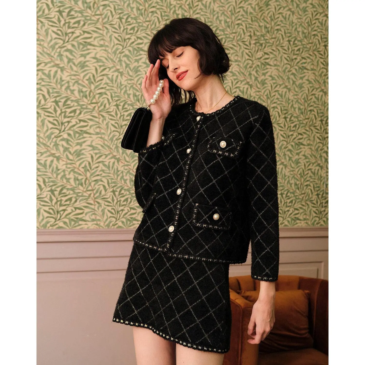 RIHOAS Women's Vintage Argyle Plaid 2-Piece Set, Nylon Long Sleeve Button Cardigan and Ribbon Accent Mini Skirt, Casual, Waterproof, Flexible Synthetic Fiber, Longsleeves, Elegant, Ribbon Accents, All Seasons, Natural Waist, Cold Wash