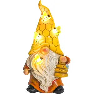 Garden Gnome Statue with Bee Solar Lights, Resin Gnome Figurine for Outdoor Decor, Porch Patio Yard Decorations