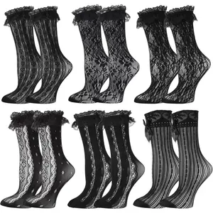 6 Pairs Lace Ruffle Ankle Socks for Women Lolita Frilly Ankle Elastic Cuff Mesh Lace Trim Dress Sock