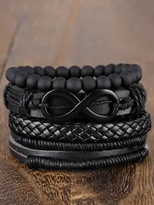 Men's 4pcs Infinity Symbol Faux Leather Bracelet Set, Vintage Infinity Bead Multi-Layer Band, Rock & Carnival Fashion Accessory, Stackable Bracelets