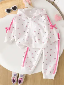 Girls Spring Autumn Floral Printed Hooded Zipper Jacket & Cuffed Long Pants Set, Toddler Cute Stylish Two-Piece for Girls, Baby Clothing