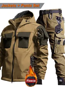 Men's Tactical Soft Shell Set,Winter Fleece Lined Outdoor Hooded Jacket + Gargo Pants Suit, Multi Pocket Windproof Waterproof Workwear for Fishing & Hiking Adventure
