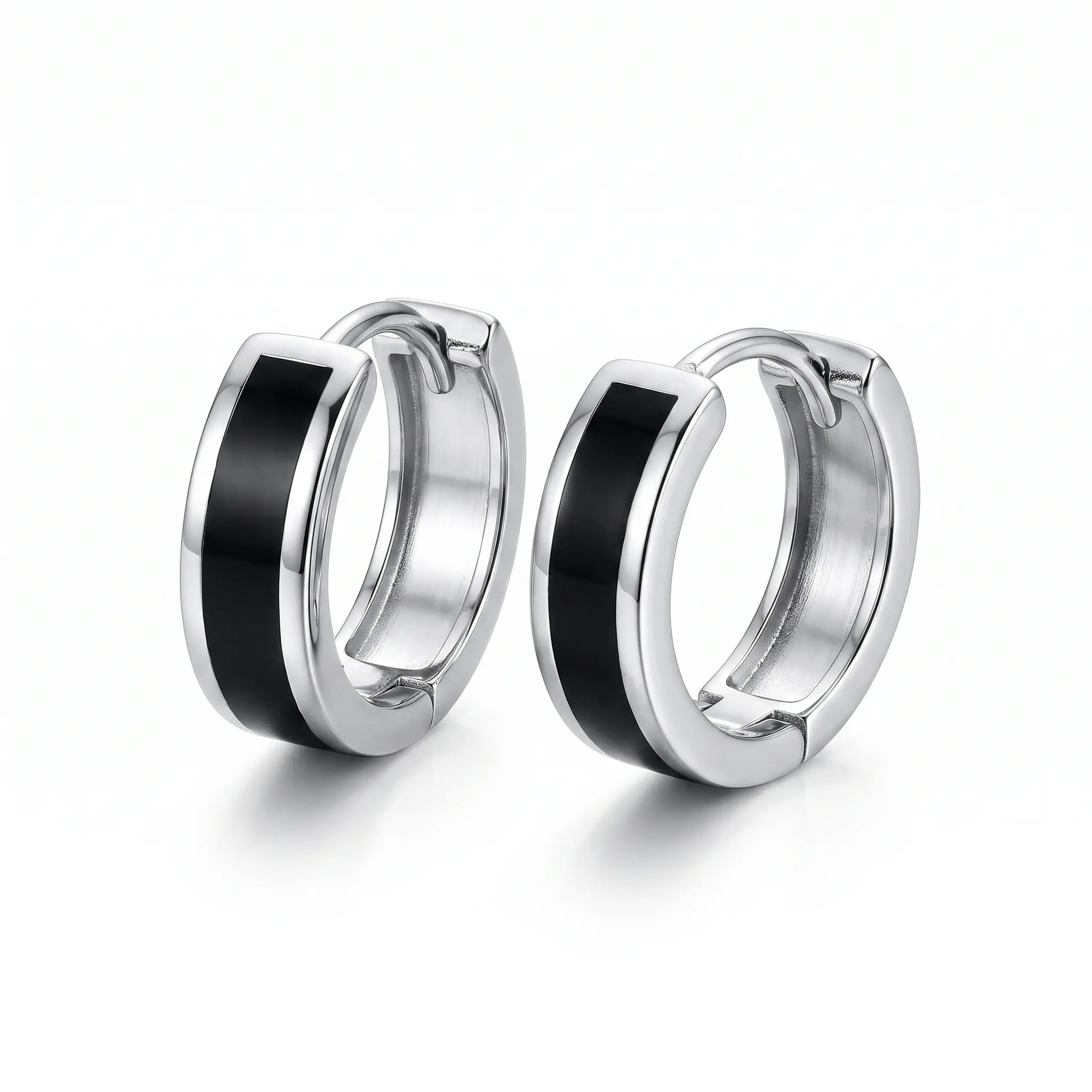 S925 Sterling Silver Hook Earrings - Unisex Inlaid Black Minimalist Polished Design - Perfect for Daily Wear - 2 Pieces