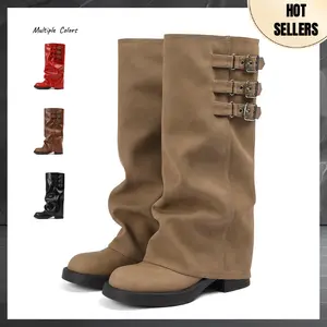 Women's Knee High Boots Pull On Buckle Boots Fall Slouchy Fold Over Tall Knee High Boots  Slouchy Fold Over Motorcycle Riding Boots With Buckle Women's Wide Mid Calf Casual Comfortable Moto Biker Winter Boots AOSPHIRAYLIAN summerwins,summerwins