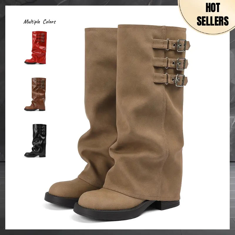 Women's Knee High Boots Pull On Buckle Boots Fall Slouchy Fold Over Tall Knee High Boots  Slouchy Fold Over Motorcycle Riding Boots With Buckle Women's Wide Mid Calf Casual Comfortable Moto Biker Winter Boots AOSPHIRAYLIAN summerwins