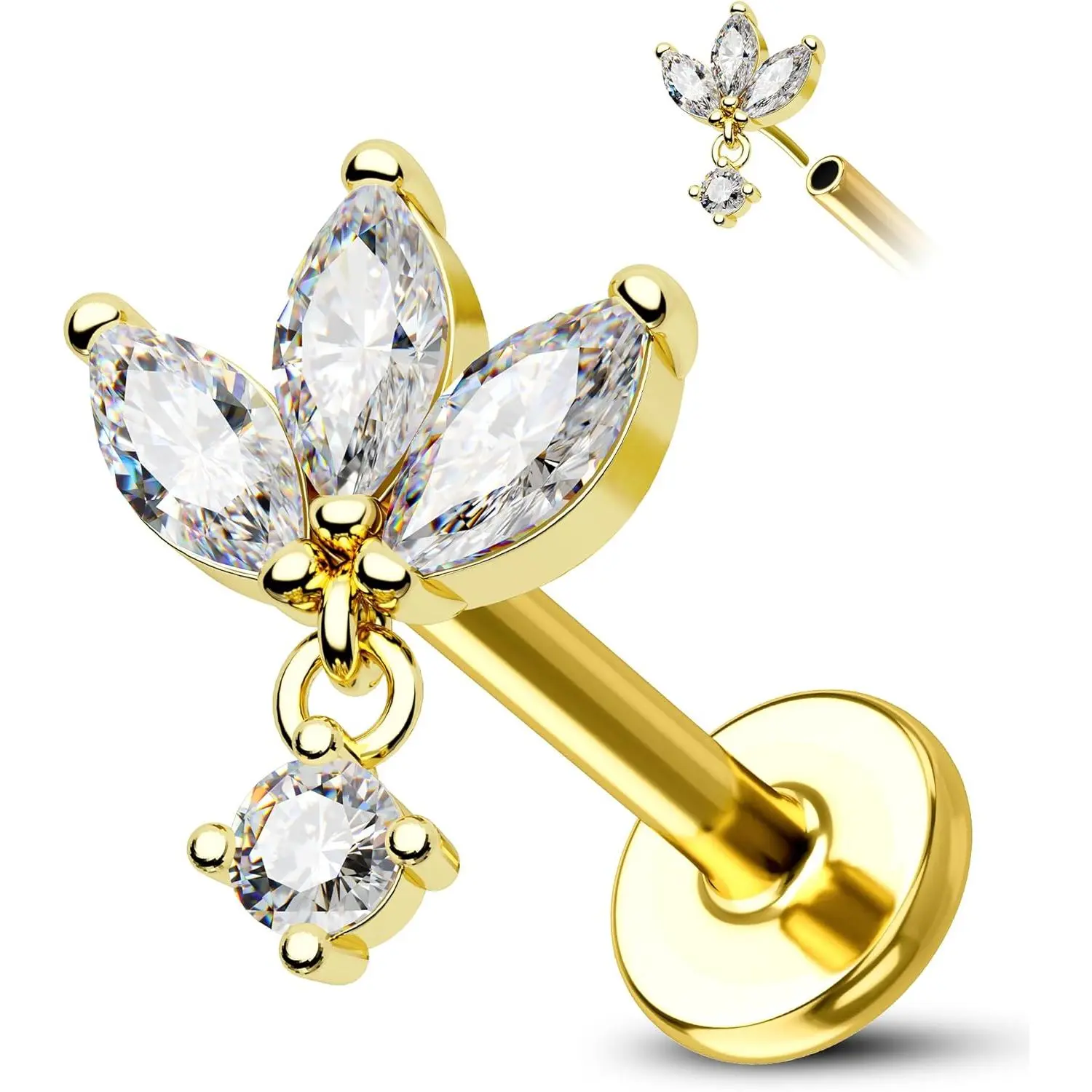 Dangling Lotus Helix Tragus Earring Stud 16g 6mm Threadless Cartilage Earring Flat  Flower Helix Cartilage Piercing Short Bar Helix