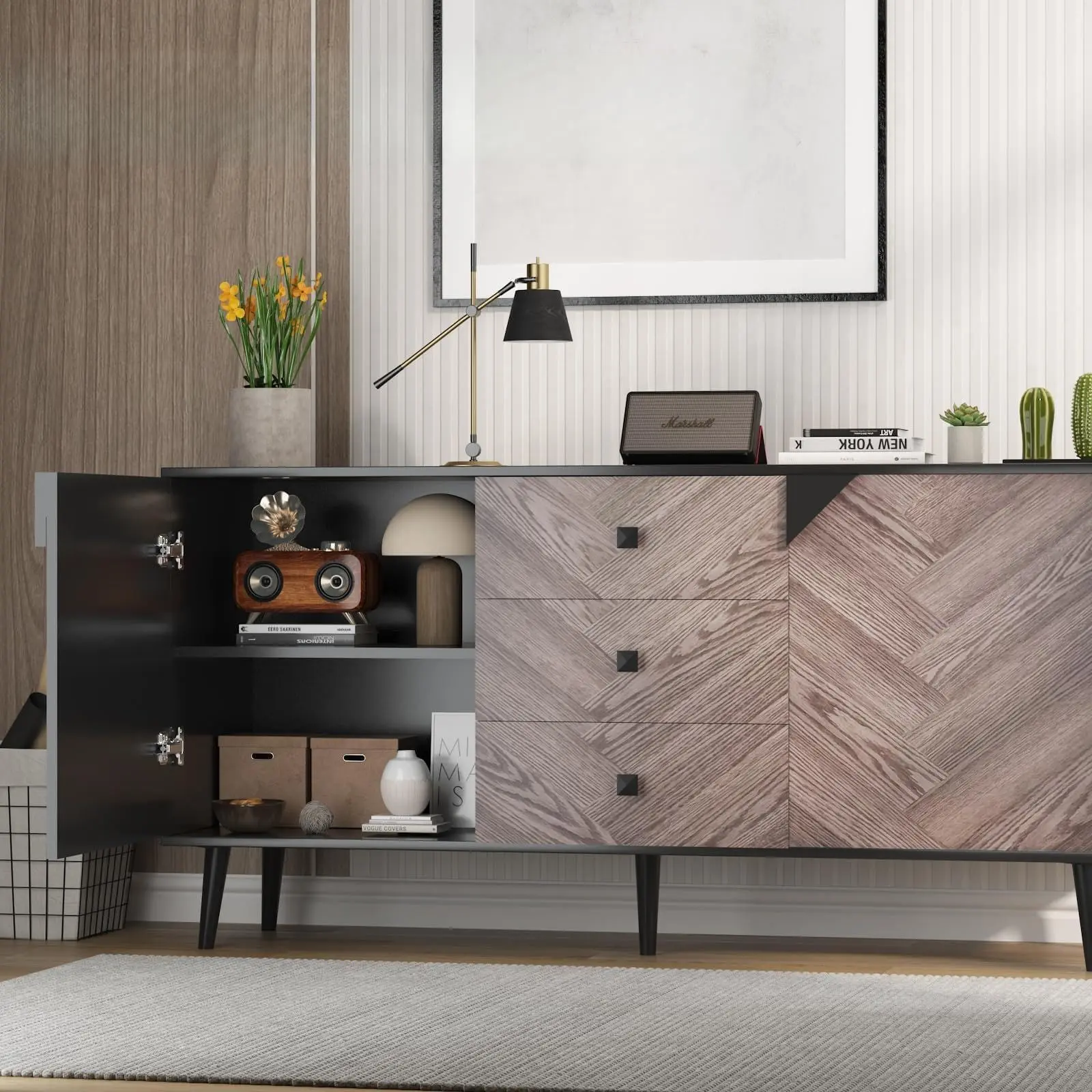 Gray Wood Particle Board Modern Sideboard Buffet Cabinet Console - 55.1"x15.8" Storage Credenza with 3 Drawers, Adjustable Shelf, Doors, Chevron Pattern - Multi-Functional for Dining, Living Rooms - Includes Anti-Tip Hardware, Quick Setup Required, For Ki