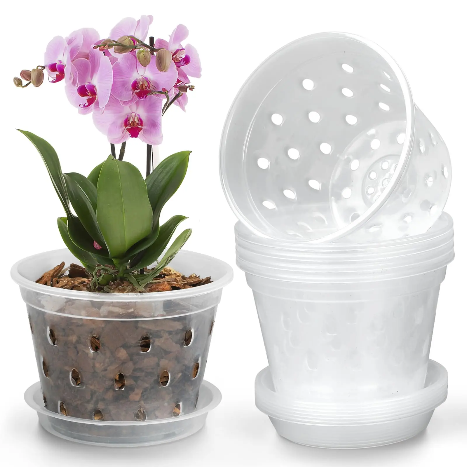 Orchid Pot,3 4 5 6 Inch 8 Pack Orchid Pots with Holes and Saucers,Clear Plastic Flower Plant Pot for Indoor Outdoor Plants,Slotted Orchids Planter(4Inch)