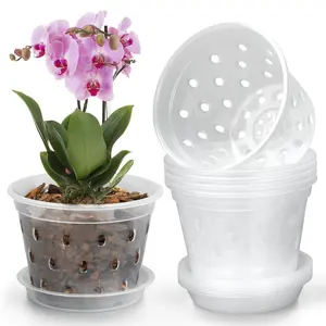 Orchid Pot,3 4 5 6 Inch 8 Pack Orchid Pots with Holes and Saucers,Clear Plastic Flower Plant Pot for Indoor Outdoor Plants,Slotted Orchids Planter(4Inch)